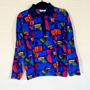 Vintage funky Clowncore button collar long sleeve abstract top size S